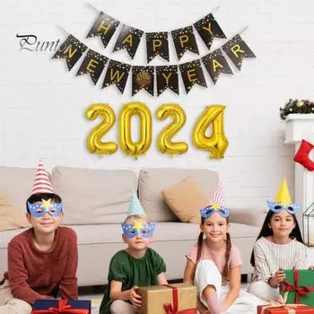 32-дюймовый 2024 Новогодний набор воздушных шаров с буквенным принтом, золотые звезды 2024, воздушные шары с номерами, набор украшений для вечеринок, товары для вечеринок
