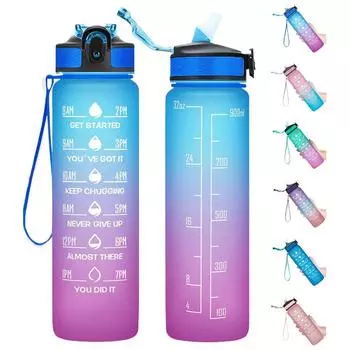 32 Oz Leakproof Water Bottles with Times to Drink and Straw Motivational Drinking Sports Water Bottle for Fitnes Gym Outdoor 901-1000ml синий
