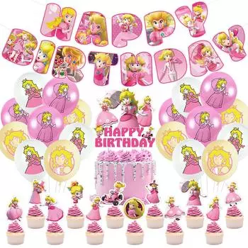 32 шт. Принадлежности для вечеринки «Принцесса Пич» включают баннер, топпер для торта, воздушный шар для ребенка