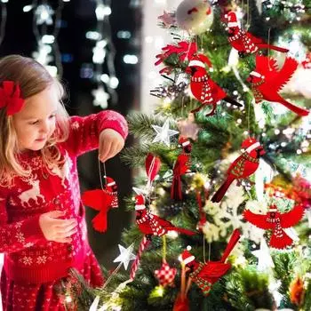 32 шт. рождественские красные птички подвесные украшения деревянная птица с шапками и шарфом Санты Рождество