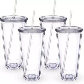 32oz Double Wall Clear Plastic Tumblers with Lids and Straws Large Capacity Acrylic Car Cup Reusable Insulated Cups 1,2,4pcs/set 32oz