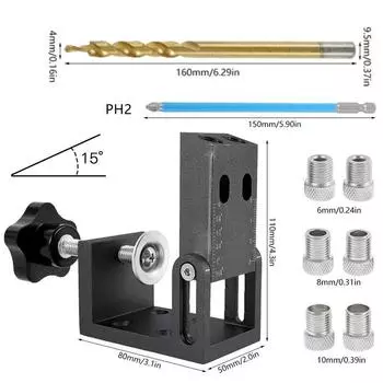 32pcs Pocket Hole Jig 15 Degree Drill Guide Kit Adjustable Woodworking Punch Locator Angled Positioner 6mm 8mm 10mm