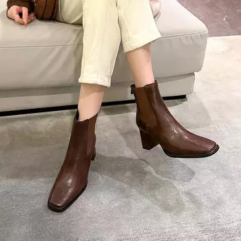 3388-5 Винтажные ботинки Martin женские на толстом каблуке Осенние новые квадратные ботинки с застежкой-молнией сзади Короткие женские ботинки на среднем каблуке 34 коричневый