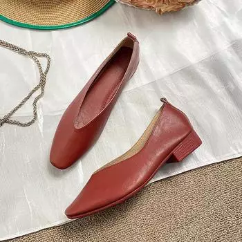 33-43 Большие размеры Мэри Джейн Кожа Ретро Мягкая Подошва Низкий Каблук Неглубокий Носок Плоские Туфли Рабочие Туфли 2.5см Одиночные Туфли 33 красный