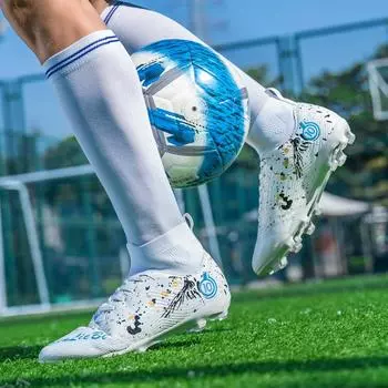 33-46 Мужские футбольные бутсы с высоким верхом, большие размеры, длинные гвозди, кожаные, для мальчиков, футбольные бутсы с противоскользящим покрытием 33 белый