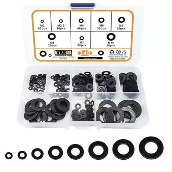 340PCs Black Flat Washers Combination Kit - Covers M2 to M10 Sizes, Essential for Any Screwing Project