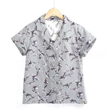 3483 Linen Shirt Summer New Polo Collar Button Printed Short Sleeve Easiest for Match Shirts Shirts Female Export Tail Order Gray bottom Print S
