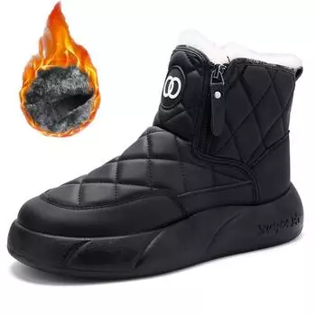 34-42 женские большие размеры модные хлопковые туфли с двойной молнией и бархатом высокие зимние ботинки на толстой подошве бисквитные туфли 34 чёрный