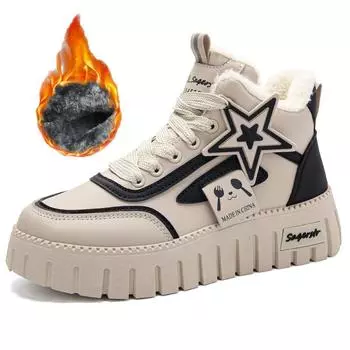 34-42 Женские зимние сапоги больших размеров на толстой подошве с добавлением флиса и утеплителя из хлопка Ботинки для снега Повседневная обувь из хлопка 34 чёрный