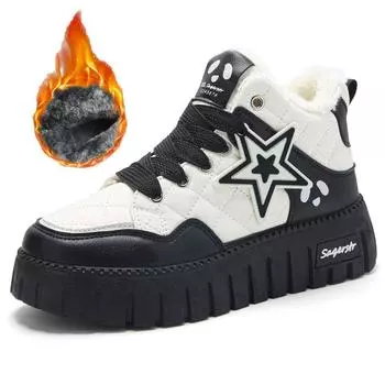 34-42 зимние женские большие размеры простые и модные толстые высокие плюшевые хлопковые сапоги теплая спортивная обувь женская обувь 34 хаки/бежевый