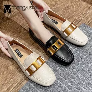 34-43 Plus Size metal buckle flats woman retro square toe loafers slip on derbies winter plush small leather shoes for women 4.5