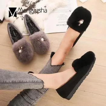 34-43 plus size women shoes big pearl beading fur ship-on loafers flats soft soled non-slip cotton moccasins casual lazy loafers 4.5 чёрный