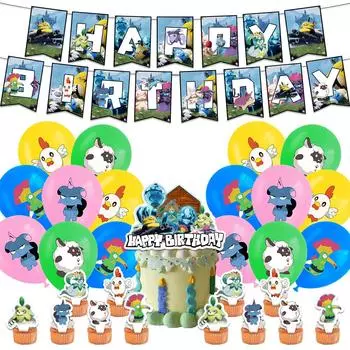 34 шт. Принадлежности для тематической вечеринки в стиле Palworld включают баннер, топперы для торта, воздушные шары