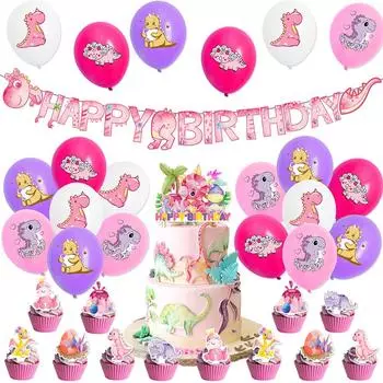 34 шт. Украшения для вечеринки с динозаврами для девочек, включая баннер, топпер для торта, воздушные шары