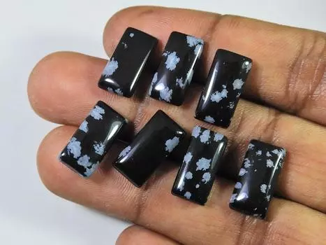 34Cts Natural Snowflake Obsidian Rectangle Cabochon Gemstone 7Pcs Lot 8X16MM RQ-2007