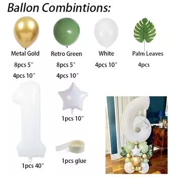 34pcs 40inch White Number Palm Leaves Retro Green Balloons Kit Kids 1 2 3th Birthday Balloons Set Baby Shower Decoration as show