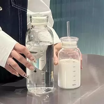 350/450/750ml BAP FREE Glass Water Bottle with Time Maker Straw 2 Lids Kawaii Transparent Milk Juice Simple Drinking Cup Gift as picture
