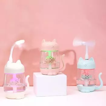 350 мл 3 в 1 USB Мини Кошка Портативный Ультразвуковой Увлажнитель Lovely Kitty с Вентилятором и Ночником белый