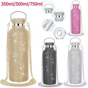 350 мл/500 мл/750 мл Bling Алмазные термосы Портативная блестящая бутылка для воды со стразами Термос из нержавеющей стали через плечо 350ml чёрный