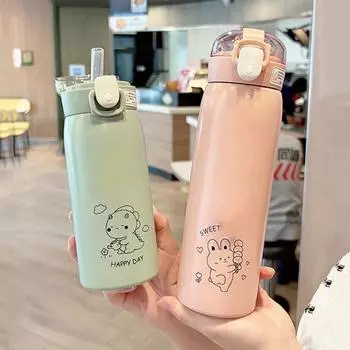 350 мл/500 мл мультяшный двойной детский термос из нержавеющей стали с трубочкой портативный милый студенческий термос кружка дорожный стакан 350ml зелёный
