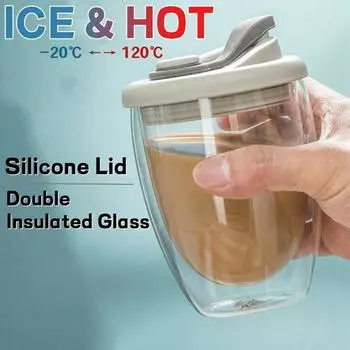 350 мл Двойная стеклянная чашка Прозрачная кружка для чая и кофе с крышкой из силикагеля Кухонная чашка для молочных напитков Кофейная чашка Посуда 350ml
