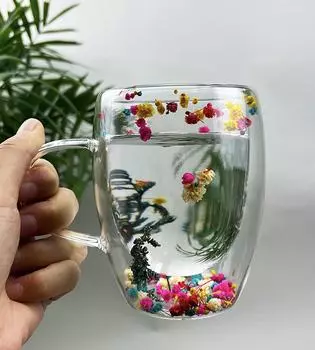 350 мл Двойная стенка Кофейная кружка с ручками Прозрачные молочные стаканы Подарки Стеклянная чашка Наполните искусственными цветами Чайная чашка 350ml