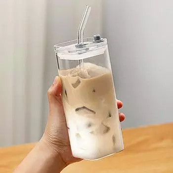 350 мл квадратная стеклянная чашка для кофе с крышкой и трубочкой, термостойкая кружка для холодного кофе, чашка для завтрака, молочная прозрачная пивная кружка, посуда для напитков 350ml