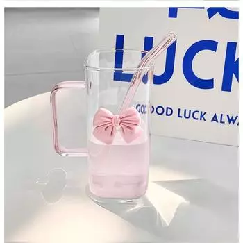 350 мл квадратная стеклянная трубочка чашка с ручкой бантиком чашка для воды бытовая чашка женская молочная кофейная чашка с розовой ручкой стаканы подарок зелёный