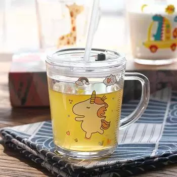350 мл милая детская стеклянная чашка для молока с соломинкой и крышками мультяшная прозрачная чашка для завтрака со шкалой для детей студенческая чашка для воды 350ml