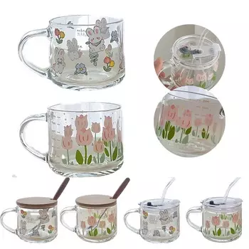 350 мл Печать Стеклянная чашка для завтрака со шкалой Бытовая общежитие Многоцелевые чашки для кофе и воды Салат Фруктовый контейнер для сока Банка