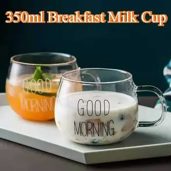 350 мл Стеклянная прозрачная креативная кружка с буквенным принтом для кофе, чая, десерта, завтрака, йогурта, молока, стеклянные кружки с ручкой, посуда для напитков 350ml белый