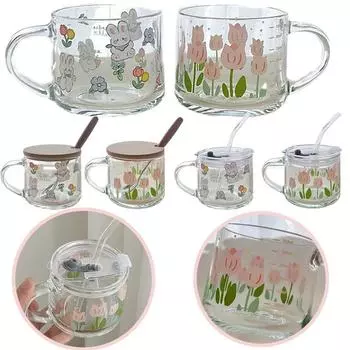 350 мл Tulip Ins стеклянная чашка для кофе, чая, кружка для завтрака, воды, молока с напечатанной шкалой, кружка для напитков для офиса, кухонные принадлежности