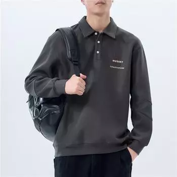 350G Heavy Polo Collar Long-Sleeved Sweater Men S Autumn Loose Trendy Brand Large Size Top Men S Lapel Casual Jacket M темно серый