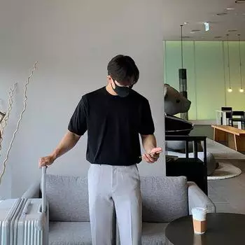 350G Хлопок Плотная Футболка с Маленьким Горлом Мужские Корейский Стиль Однотонные Толстые Повседневные Футболки S чёрный