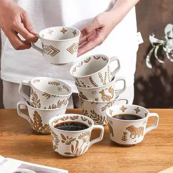 350ml 12oz Ceramic Coffee Mug with Brown Fox Bear Butterfly Leave Dandelion Vintage Pattern Elegant Tea Cup with Handle 1 Piece 301-400ml