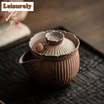350ML Creative Old Rock Clay Teapot Handmade Stripe Coarse Pottery Pot Household Tea Making Kettle With Filter Tableware Craft