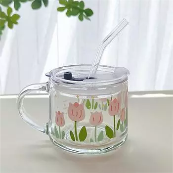 350ml Tulip Ins Glass Breakfast Cup With Scale and Straw Household Dormitory Multipurpose Coffee Water Cups With Straw Lid Spoon
