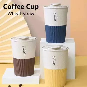 350ML Wheat Straw Coffee Cup Reusable with Cover Sealed Portable Cup Durable Household Water Mug for Couples Milk Drinking Cup жёлтый