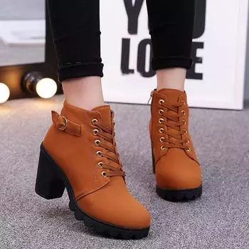 35-42 Autumn/Winter New High Heels Coarse Heels Women s Boots Lace Up Short Boots Women s Short Boots Martin Boots Single Boots 35 чёрный
