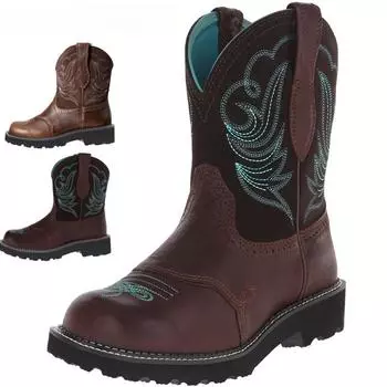 35-42 Women s brown leather Embroidered Western Cowboy Ankle Boots Chunky Heels round toe Pull-On Retro Classic Cowgirl Boots 35 темно-коричневого