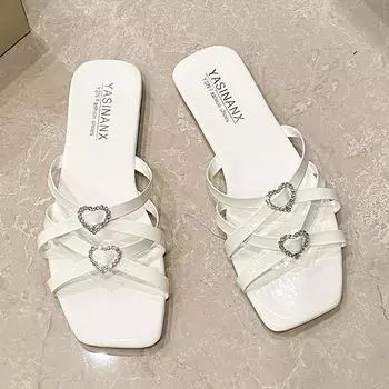 35--43 большие размеры, наружные тапочки, лето 2025, новые, с перекрестным ремнем, на плоской подошве, классные пляжные тапочки 35 белый