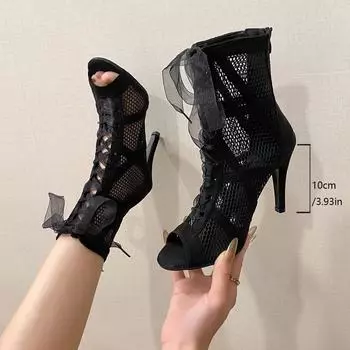 35-43 Большие размеры Женская обувь Крутые ботинки Fish Mouth на шнуровке Женские летние сапоги с тонким каблуком и ажурной сеткой Танцевальные босоножки на высоком каблуке 35 чёрный