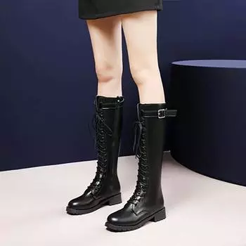 35–43 модная женская зимняя обувь, ботинки martin на среднем каблуке и до середины икры, мотоциклетные ботинки на платформе 35 чёрный
