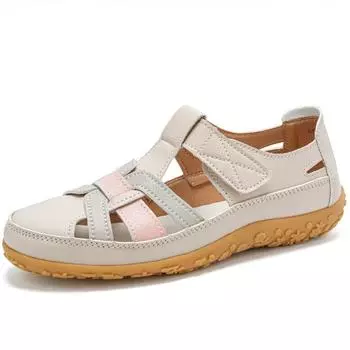 35-44 Летние женские кожаные сандалии Большие размеры Туфли с отверстиями Повседневная женская обувь Плоские туфли Мамские сандалии 35 бежевый