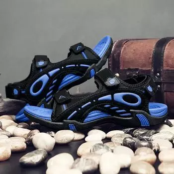 35-45 Мужская обувь больших размеров, модная, нескользящая и износостойкая, на липучках, для спорта и отдыха, пляжная обувь, сандалии, тапочки 35 чёрный/королевский синий