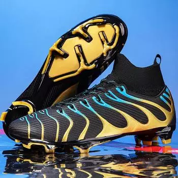 35-45 Мужские футбольные бутсы с высоким берцем и крупными длинными ногтями. Нескользящие и износостойкие детские футбольные бутсы из искусственного материала Corthiro TPR на открытом воздухе. 35 чёрный/золотой