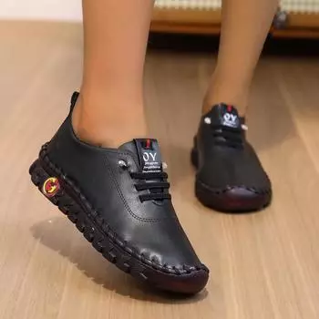 35-45, женская обувь с мягкой подошвой, большого размера, сшитая вручную, на шнуровке, повседневная обувь для улицы, женская обувь из искусственной кожи 35 чёрный