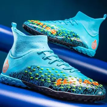 35-46 Мужские футбольные бутсы с высоким верхом, большие размеры, гвозди, кожа, футбольные бутсы для мальчиков, противоскользящие гвозди 33 белый