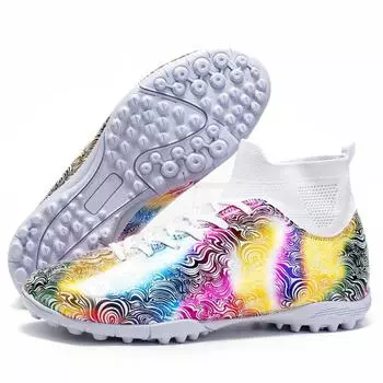 35-46 мужские/женские высокие эластичные носки футбольные бутсы резиновая мягкая подошва с короткими ногтями искусственный газон кожа молодежные детские футбольные бутсы 35 белый