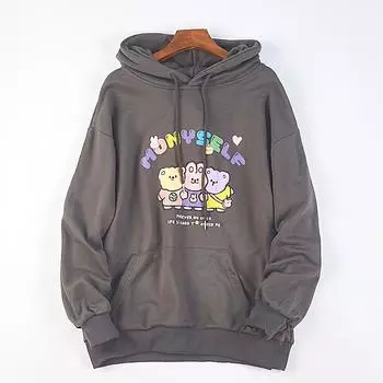 35 Korean Cartoon Print Hooded T-shirt Hoodie Men and Women Couple look H76501 Spring and Autumn Loose Pure Cotton Terry Outerwear 3 Gray L